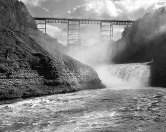 Bridge Photo, Waterfall Photo, Letchworth State Park, Landscape Photography, Nature Print, "Upper Falls in the Sun", Fine Art Photography