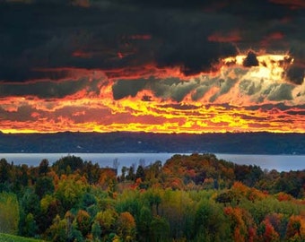 Sunset Photo, Grand Traverse Bay, Michigan, Fall Color, Landscape Photography, Nature Print, "Autumn Fire", Fine Art Photography