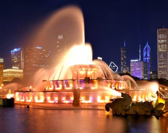 Night Photography, Chicago Photo, Cityscape, Illinois, Architecture Photo, "Buckingham Magic", Fine Art Photography, Panorama, Fountain