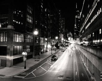 Night Photography, Chicago Photo, Cityscape, Illinois, Architecture Photo, "Night Streets", Fine Art Photography, Street Photography