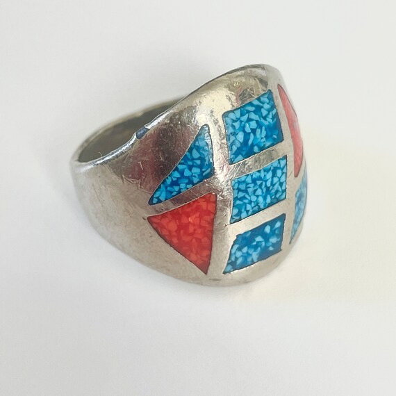Vintage Turquoise Coral Ring Inlay Silver Tone 10… - image 2