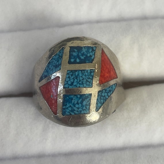 Vintage Turquoise Coral Ring Inlay Silver Tone 10… - image 7