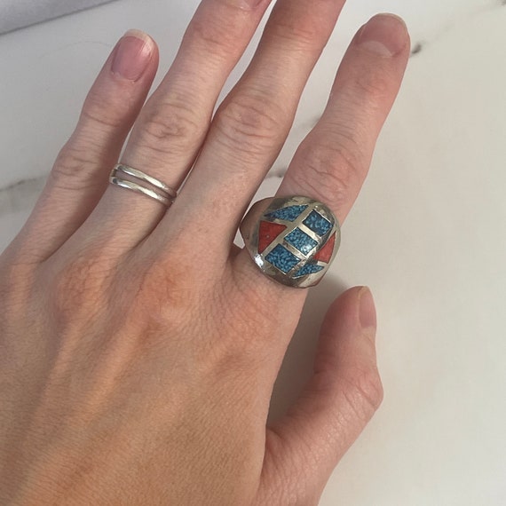 Vintage Turquoise Coral Ring Inlay Silver Tone 10… - image 3