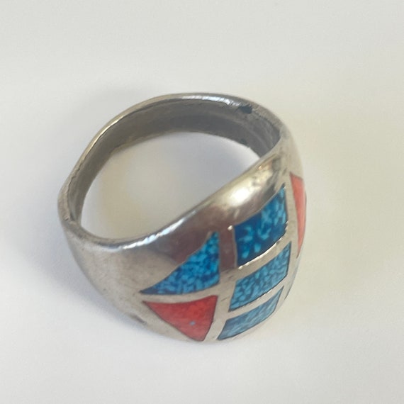 Vintage Turquoise Coral Ring Inlay Silver Tone 10… - image 6