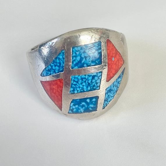 Vintage Turquoise Coral Ring Inlay Silver Tone 10… - image 1
