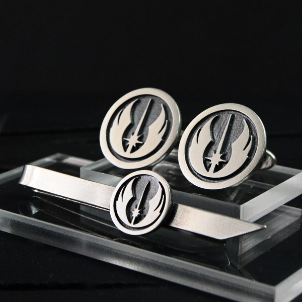 Star Wars Cufflinks Tie Clip Set, Jedi Cufflinks Tie Clip 925 Silver Suit Accessories Geekery Nerd Gift