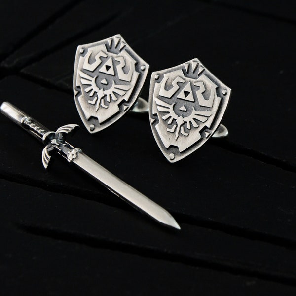 Zelda Cufflinks Tie Clip Set, Hylian Shield Cufflinks Master Sword Tie Clip, 925 Silver Suit Accessories