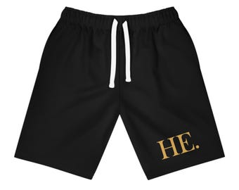 HE. Monogram Athletic Long Shorts | Black with Gold Lettering