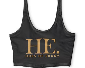Hues of Ebony logo Polyester Sports Bra | HE gold lettering