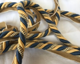 Navy Blue and Yellow Twisted Shiny Cord with Lip Trim BY THE YARD