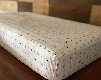 Fitted Crib Sheet, Fitted Toddler Sheet, Handmade Sheet, White with Pink Flowers and Pink Polka Dots, Nursery, Home Decor