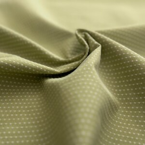 May include: A close-up of a light green fabric with a subtle white polka dot pattern. The fabric is folded and draped, showcasing its texture and drape.