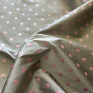 Grey Taffeta Faux Silk with Embroidered Pink Polka Dots Fabric