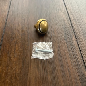May include: A brass cabinet knob with a rounded design and a screw in a small plastic bag. The knob has a warm, golden color and a classic, timeless look. The screw is silver and appears to be new.