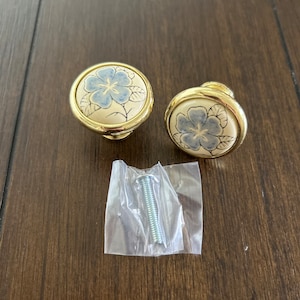 May include: Two gold-toned cabinet knobs with a white ceramic base and a blue floral design. A silver screw is included.