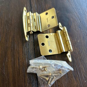 May include: Two gold-colored cabinet hinges with a bag of screws. The hinges are marked "CHINA". The hinges are folded and have multiple holes for mounting. The screws are small and gold-colored.