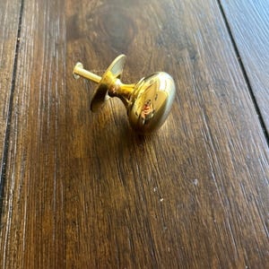 May include: A gold-toned cabinet knob with a round shape and a flat base. The knob has a screw on the side.
