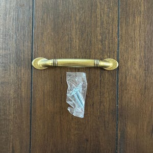 May include: A gold-toned cabinet pull with a rounded rectangular shape and a slightly raised center. Two screws are included in a clear plastic bag.