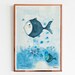 3 of 3 UNDERWATER LOVE STORY Illustration in blue shades | funny fishes hand drawn print drawing | Beach house decor Sea Lovers blue decor