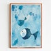 2 of 3 UNDERWATER LOVE STORY Illustration in blue shades | funny fishes hand drawn print drawing | Beach house decor Sea Lovers blue decor