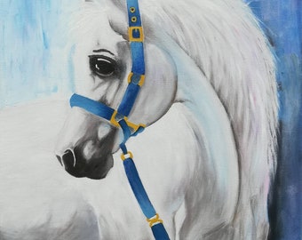 美しさと力強さ、馬と海の油絵、キャンバス上の白い馬のアート、白い馬