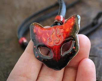 Black Cat Mask Necklace: Witch Gift, Handmade Copper and Vitreous Enamel, Leather Choker