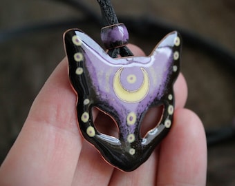 Black Cat Mask & Crescent Moon Necklace: Witch Jewelry, Handmade Copper and Vitreous Enamel Pendant