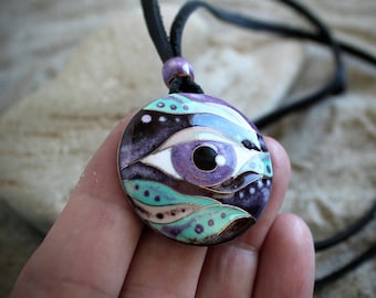 Evil Eye Protection Necklace: Fantasy Witch Pendant, Handmade Copper & Vitreous Enamel Magic Jewerly