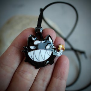 Black Cat Pendant or Pin: Funny Handmade Copper and Vitreous Enamel Necklace