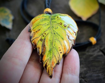 Woodland Necklace/Birch Leaf Necklace/Autumn Fall Necklace/Forest Fairy Jewelry/Fall Gift For Her/Yellow Enamel Necklace/Fall jewelry