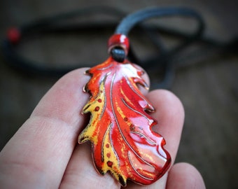 Phoenix Feather Necklace: Copper and Red Vitreous Enamel Pendant, Black Leather Choker