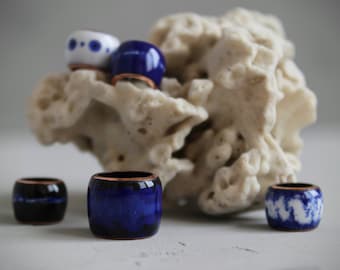 5 Dread Beads Set: Handmade Copper and  Blue & White Vitreous Enamel Large-Hole Dreadlock Jewelry