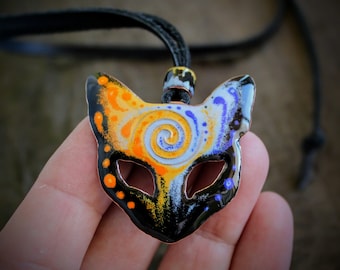Black Cat Mask Necklace: Witch Gift, Handmade Copper and Vitreous Enamel Pendant, Leather Choker