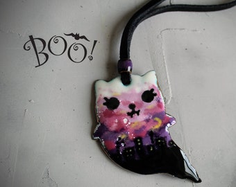 Halloween Cat Ghost Necklace: Cat Lover Gift, Handmade Copper & Vitreous Enamel Pendant