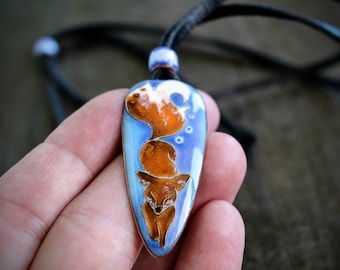 Red Fox Necklace:  Fox Lover Gift, Handmade Copper and Vitreous Enamel Pendant