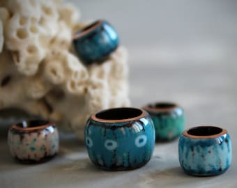 5 Dread Beads Set: Handmade Copper and  Blue & Brown  Vitreous Enamel Large-Hole Dreadlock Jewelry