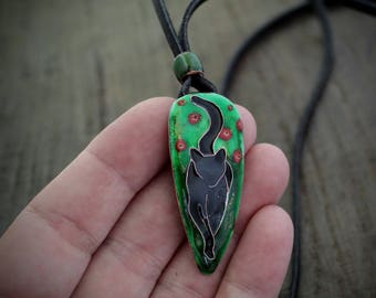 Black Cat with Red Poppys Necklace: Handmade Copper, Red & Green Vitreous Enamel Pendant