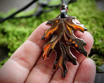 Fall Oak Leaf Necklace: Rustic Forest Pendant, Copper & Vitreous Enamel Jewelry