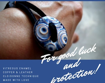 Evil Eye Protection Bracelet: Good Luck Handmade Copper & Vitreous Enamel Jewerly, Leather Cord