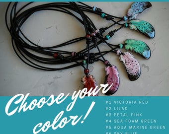 Feather Necklace: Boho Leather Choker, Handmade Copper & Vitreous Enamel Pendant