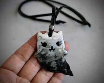 Halloween Cat Ghost Necklace: Cat Lover Gift, Handmade Copper & Vitreous Enamel Pendant