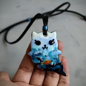 Halloween Cat Ghost Necklace: Cat Lover Gift, Handmade Copper & Vitreous Enamel Pendant
