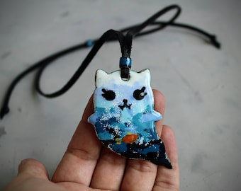 Halloween Cat Ghost Necklace: Cat Lover Gift, Handmade Copper & Vitreous Enamel Pendant