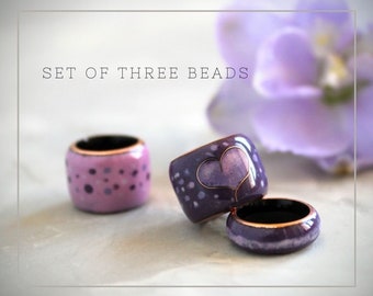 Set of 3 Dread Beads/Heart Dread Bead/Choose 4-22 mm Hole/Large Hole/Purple Pink Glass Dreadlock Beads/Braid Beads Set/Dreadlock Accessory