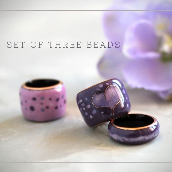 Ensemble de 3 perles d’effroi/perle d’effroi de cœur/choisissez un trou de 4 à 22 mm/grand trou/perles de dreadlock en verre rose violet/ensemble de perles de tresse/accessoire de dreadlock