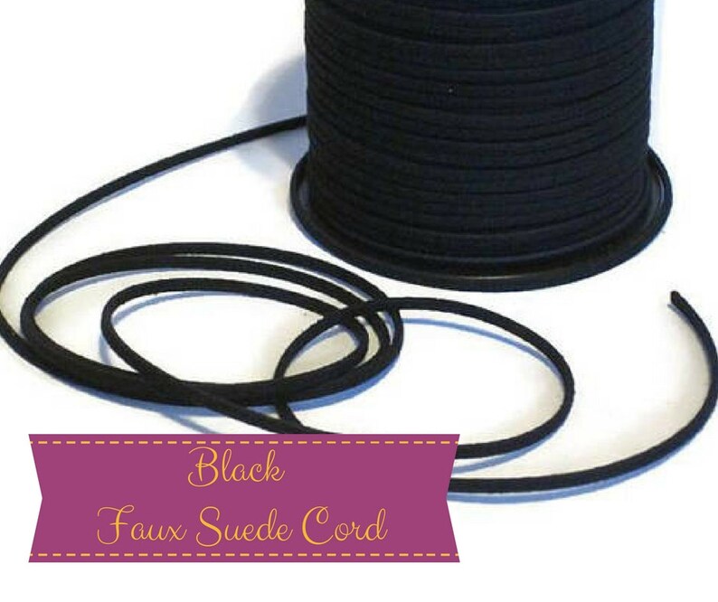 May include: A spool of black faux suede cord. The cord is soft and supple, and it is perfect for crafting projects.
