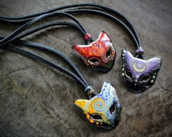 Black Cat Mask Necklace: Witch Jewelry, Handmade Copper and Vitreous Enamel Pendant, Leather Choker