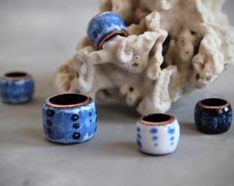 5 Dread Beads Set: Handmade Copper and  Blue & White Vitreous Enamel Large-Hole Dreadlock Jewelry