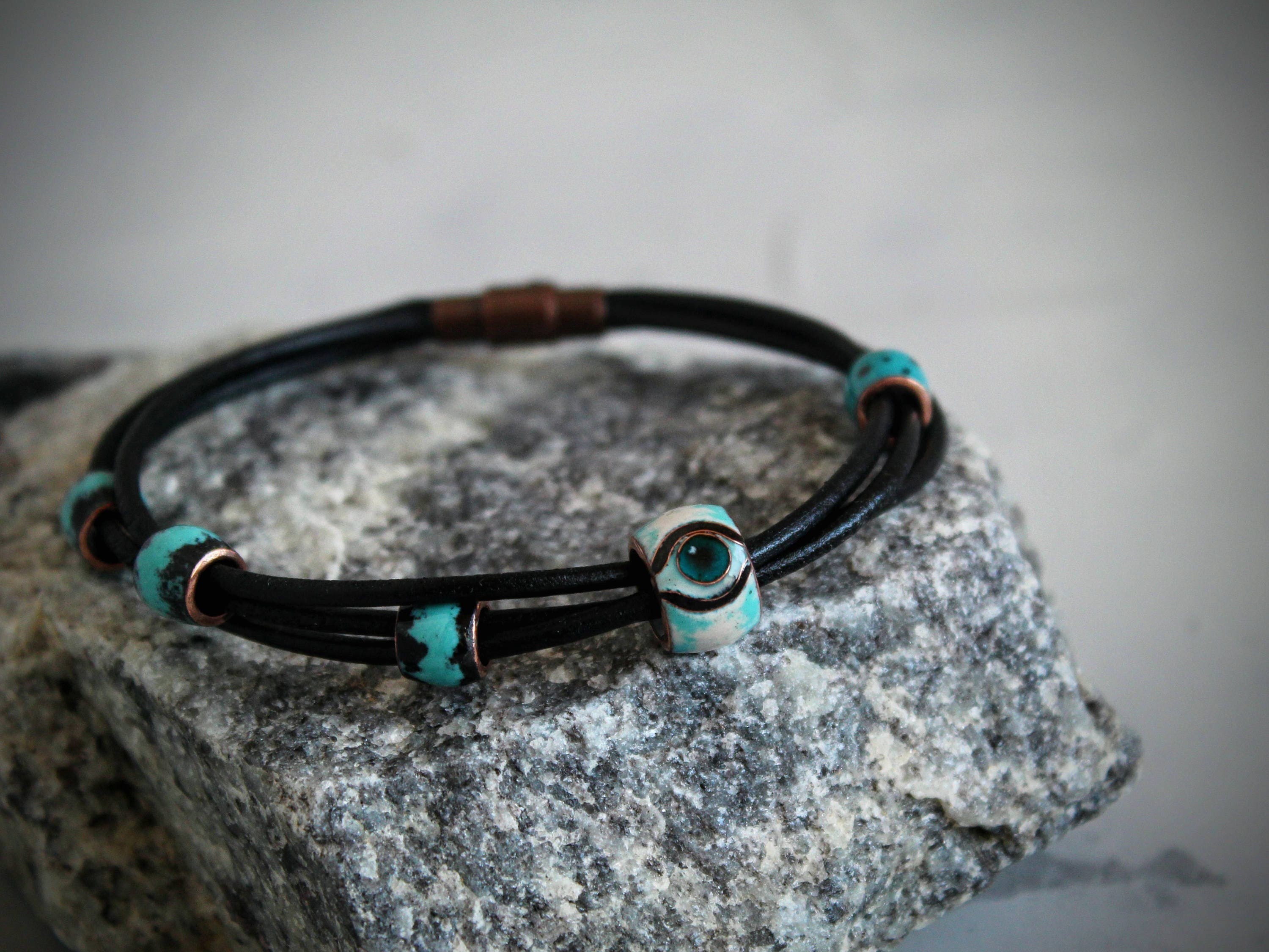 Evil Eye Bracelet/blue Eye Bracelet/black Leather - Etsy