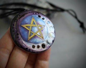 Pentagram and Moon Necklace: Handmade Copper & Vitreous Enamel  Protection Symbolic Jewelry, Pagan Pendant